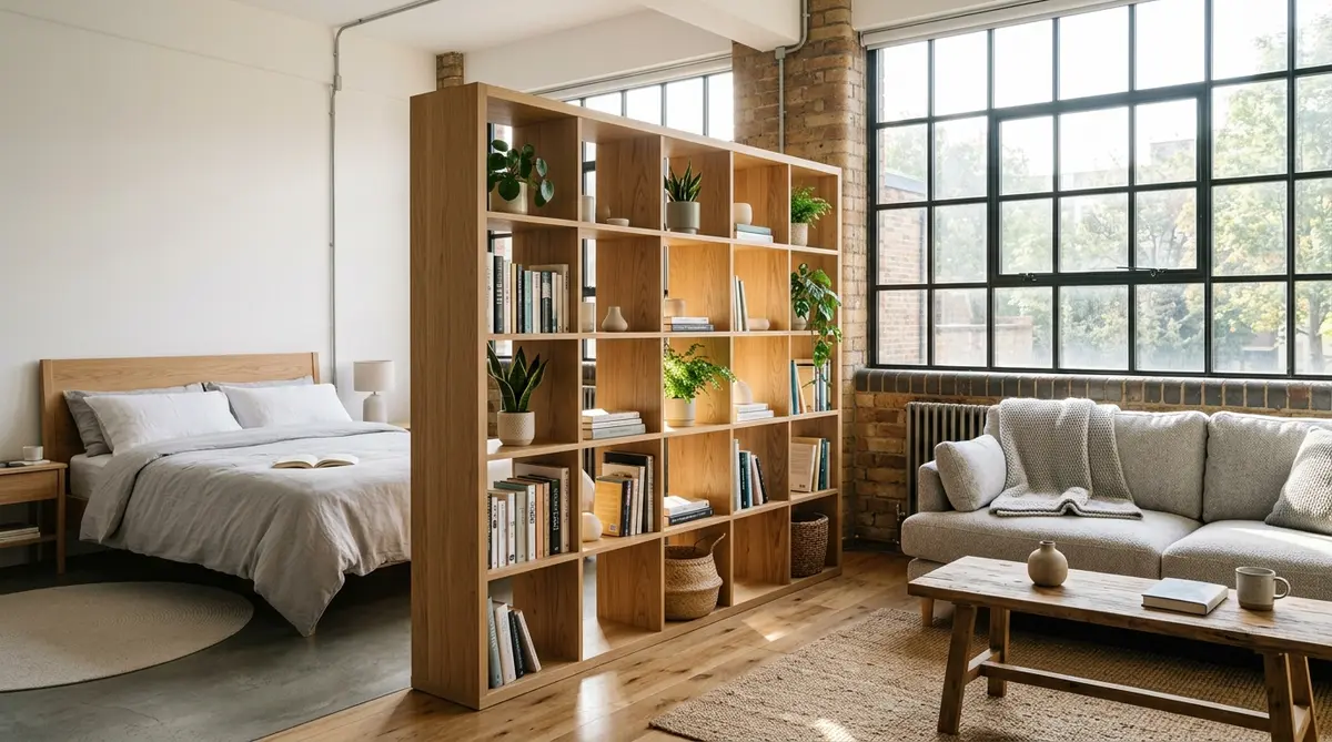 Studio apartment room divider ideas featuring an open oak cube bookcase separating bedroom from living room