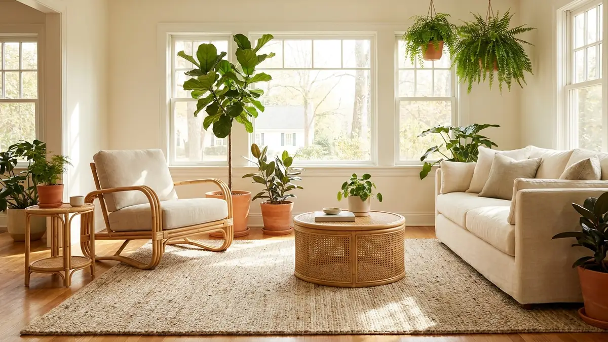 Living room illustration for sustainable bamboo furniture ideas with cane-style tables, an armchair, and indoor plants