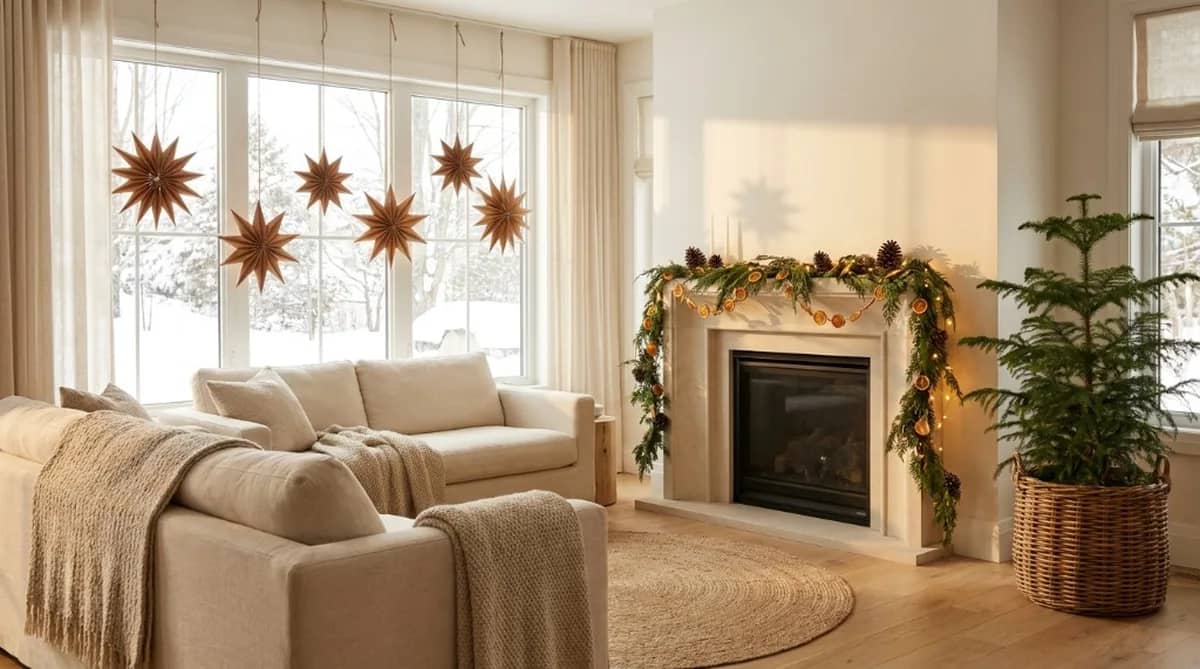 Scandinavian living room styled with sustainable Christmas decorations including dried orange garland, paper stars, and potted evergreen tree