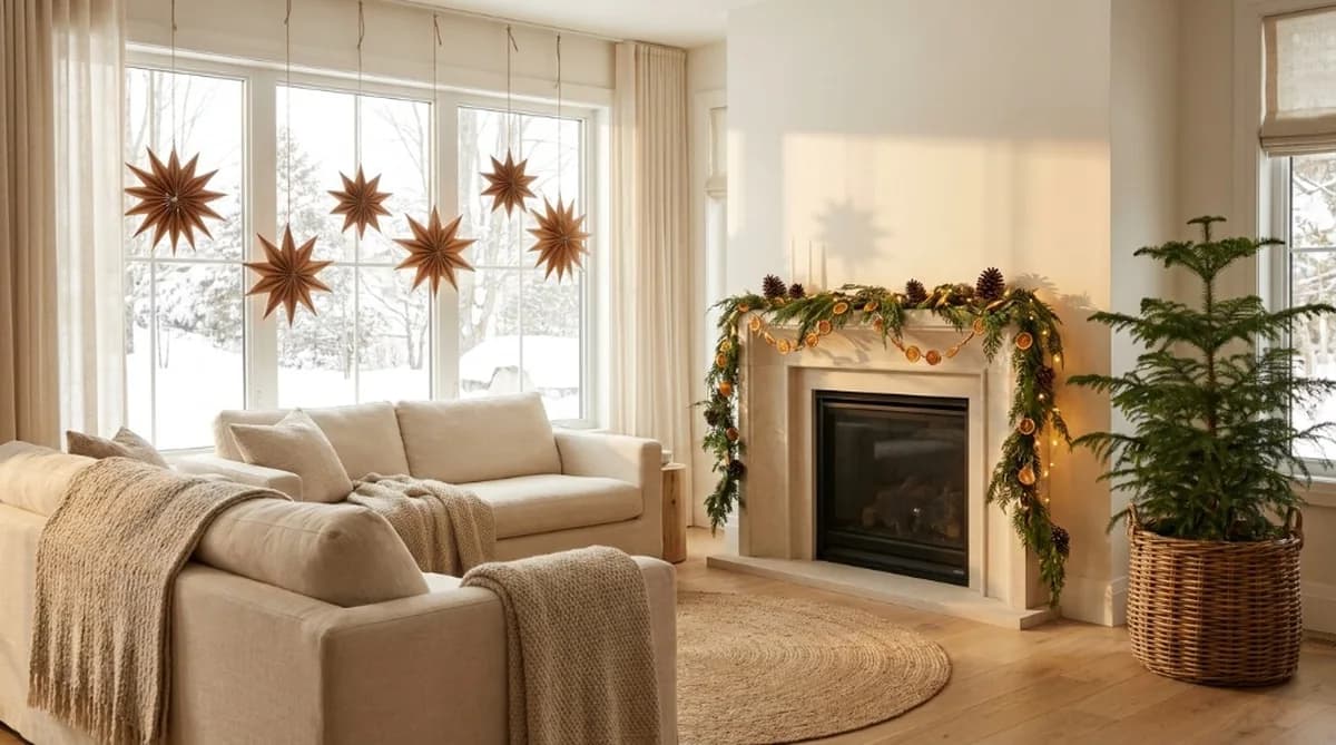 Scandinavian living room styled with sustainable Christmas decorations including dried orange garland, paper stars, and potted evergreen tree