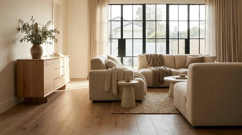 Sustainable furniture brand living room featuring a solid wood credenza, repairable linen sofa, and natural morning light