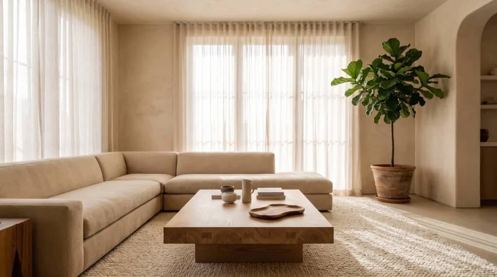 Sustainable furniture styled in a luxury sunlit living room featuring solid white oak timber table and cream linen sofa