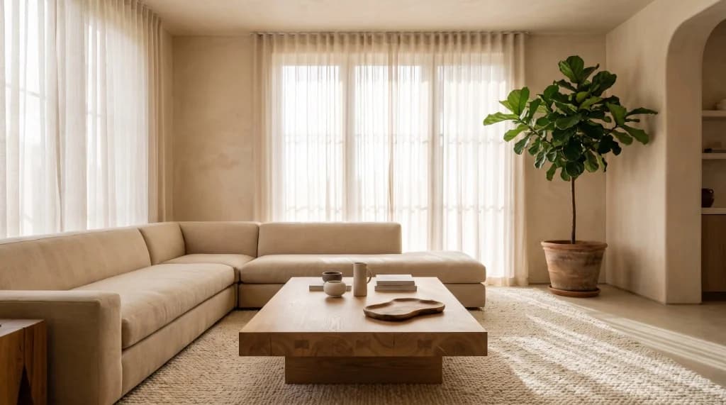 Sustainable furniture styled in a luxury sunlit living room featuring solid white oak timber table and cream linen sofa