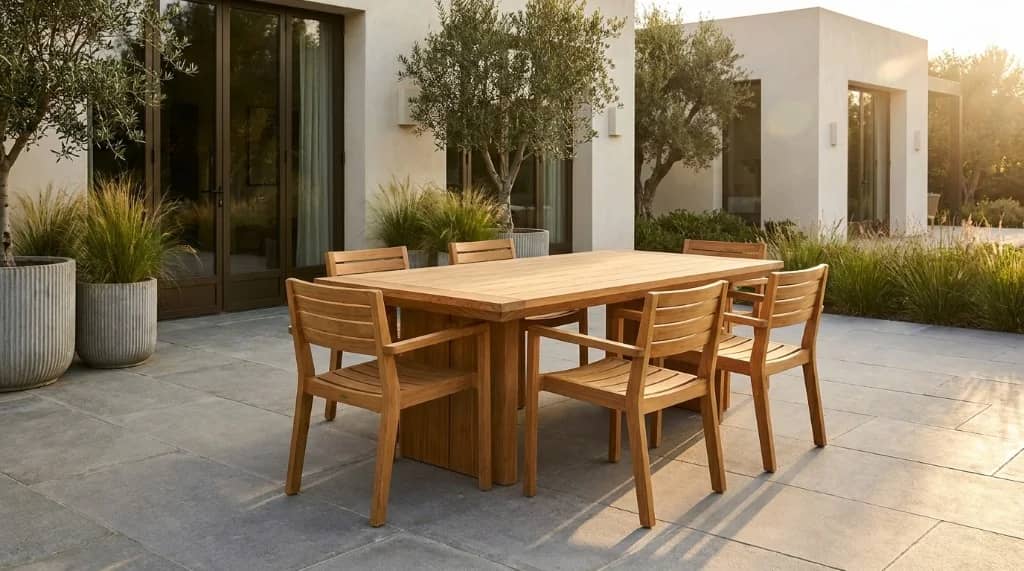 Sustainable Grade A plantation teak outdoor dining table and chairs set on a modern limestone patio during golden hour