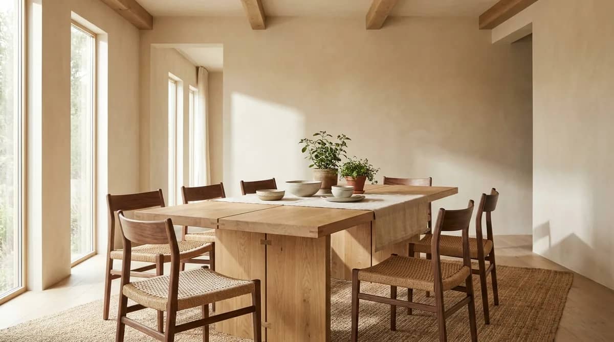 Sustainable hardwood furniture in a sunlit dining room with a solid oak table, walnut chairs, and natural linen decor