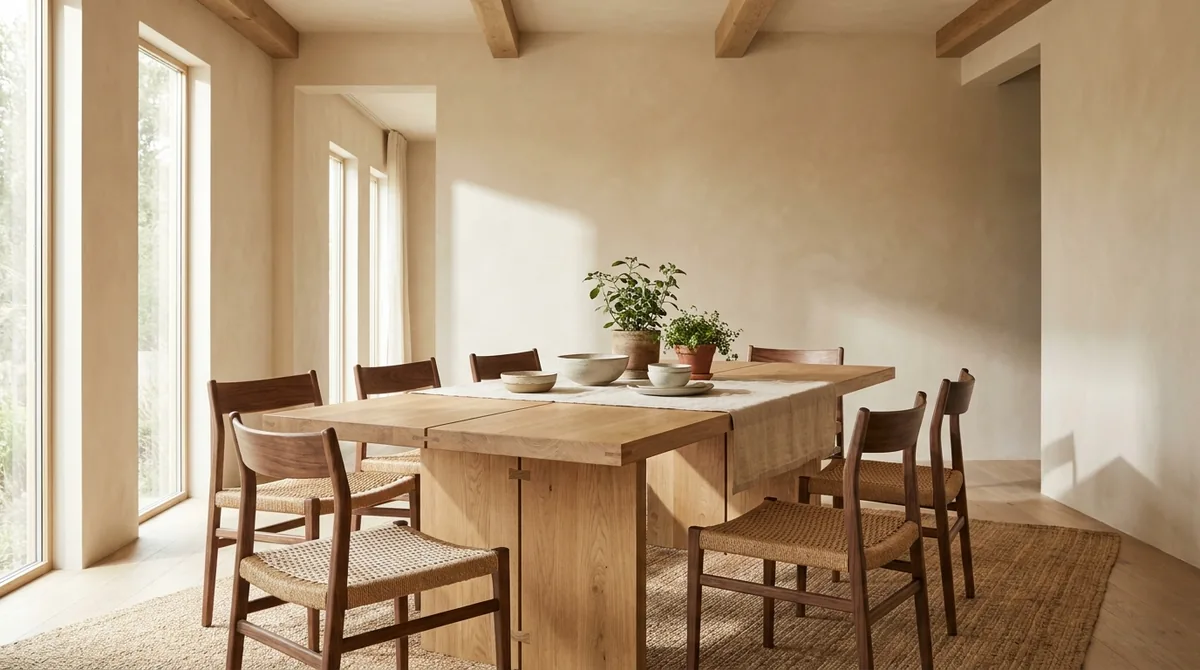 Sustainable hardwood furniture in a sunlit dining room with a solid oak table, walnut chairs, and natural linen decor