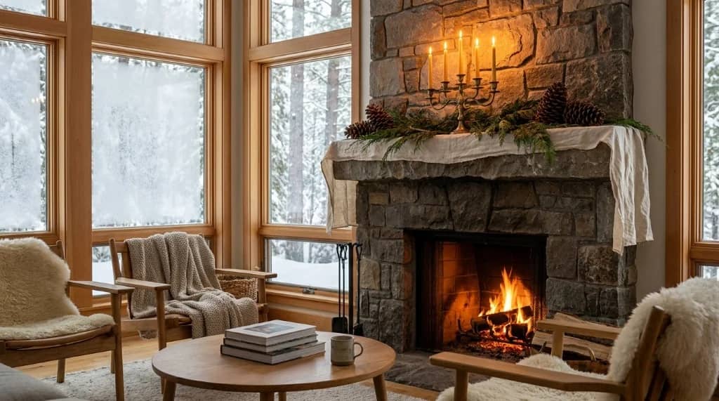 Sustainable holiday decorations styled on a stone fireplace mantel with unlacquered brass candelabra, cedar boughs, pinecones, and linen runner