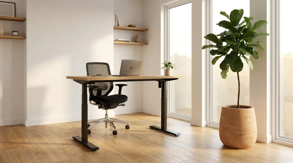 Modern sustainable home office workspace featuring a solid white oak electric standing desk and an ergonomic mesh task chair in morning sunlight
