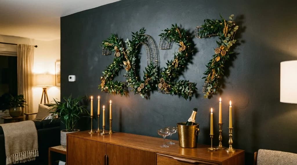 Sustainable New Year decorations featuring handcrafted botanical wire year numbers wrapped in ruscus and eucalyptus on a charcoal accent wall with beeswax candles
