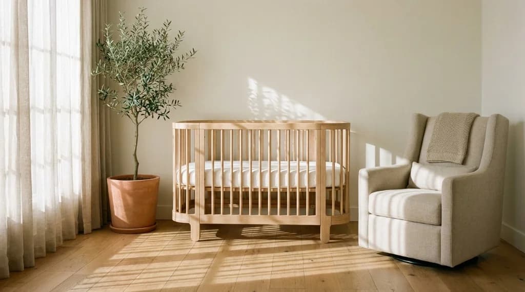Modern non-toxic baby nursery featuring a solid natural wood convertible crib and upholstered glider in soft morning daylight