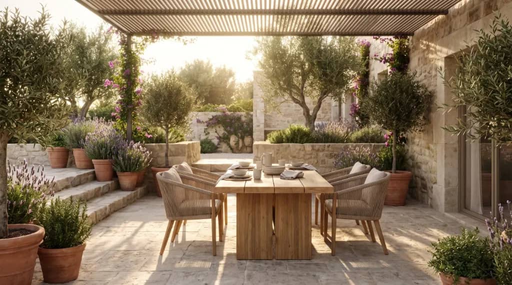 Sustainable outdoor furniture dining set featuring solid teak wood table and woven rope chairs on sunlit Mediterranean patio terrace