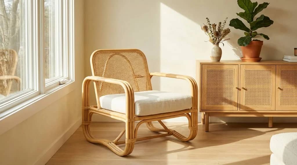Handcrafted natural rattan accent chair with steam-bent poles and woven cane backrest in a sunlit living room