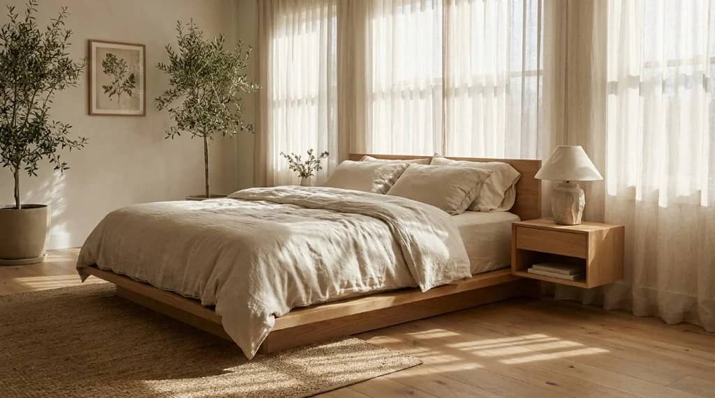 Low-profile solid white oak platform bed frame with organic linen bedding and floating nightstand in a sunlit primary bedroom