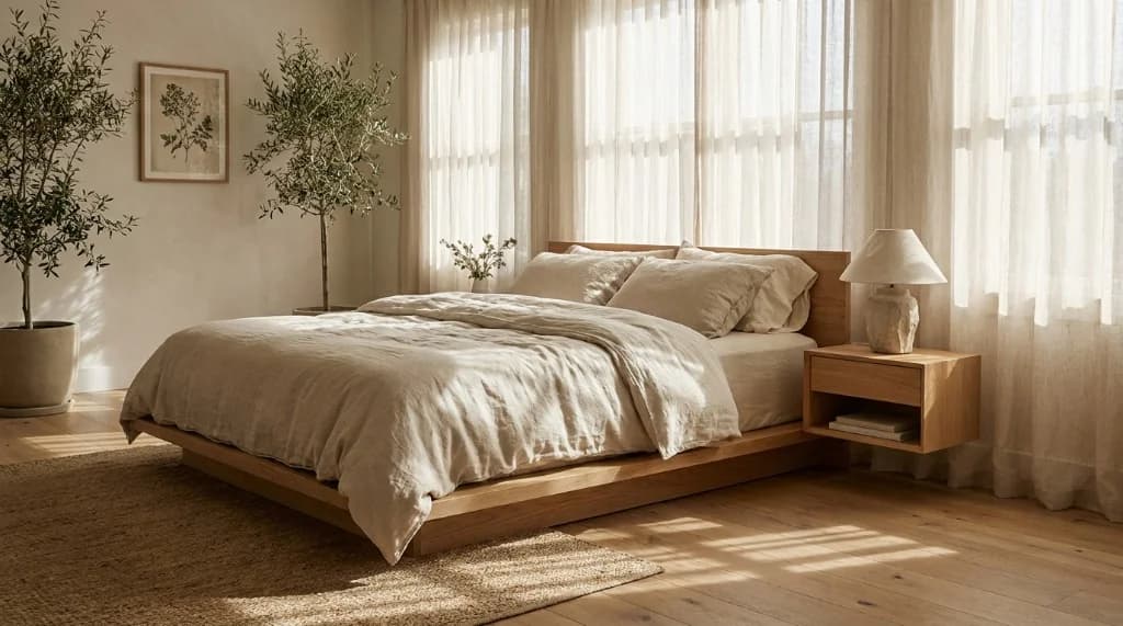 Low-profile solid white oak platform bed frame with organic linen bedding and floating nightstand in a sunlit primary bedroom