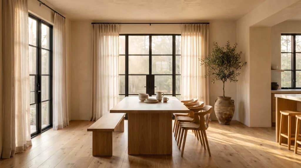 Sustainable wood furniture styled in a sunlit modern dining room featuring solid white oak table and matching timber bench