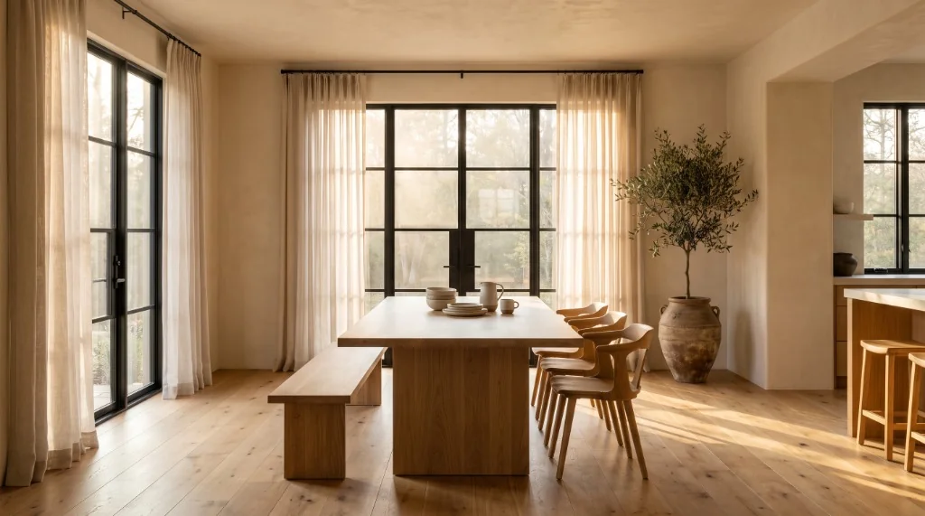 Sustainable wood furniture styled in a sunlit modern dining room featuring solid white oak table and matching timber bench