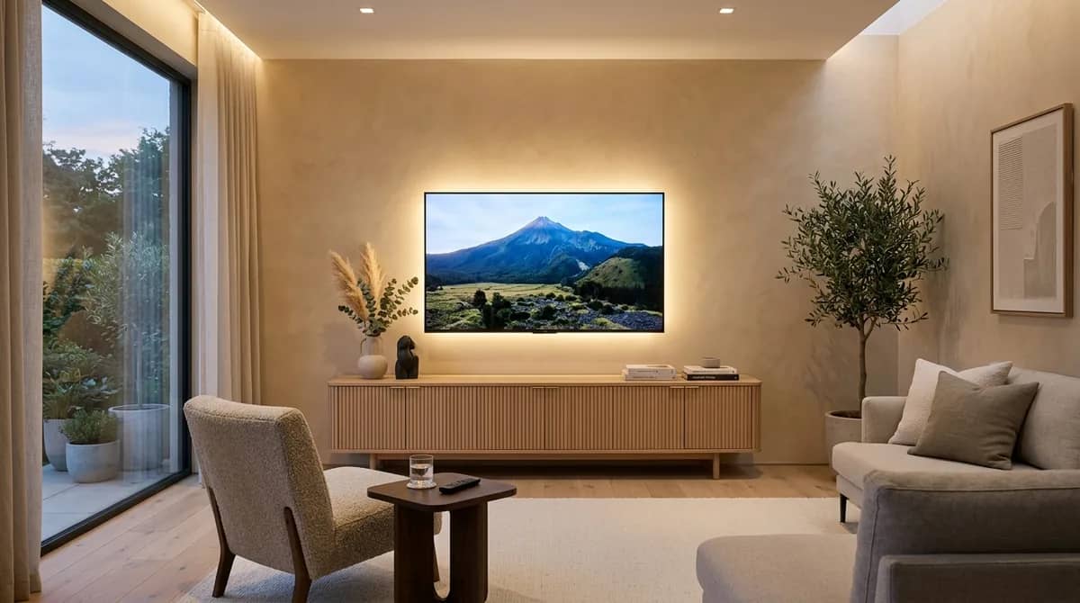 65-inch television mounted on plaster wall 6 inches above fluted oak media console at eye level