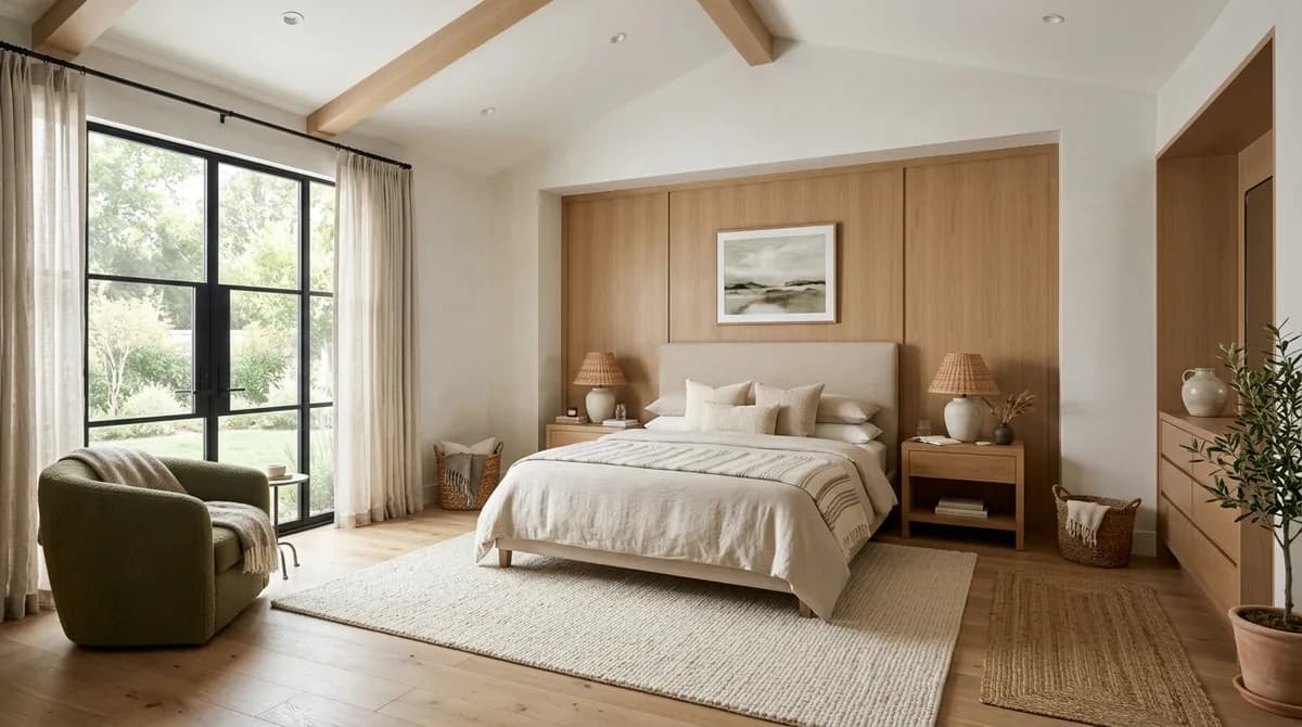 What size rug for a queen bed interior showing an 8x10 cream wool area rug with oak nightstands on hardwood floor