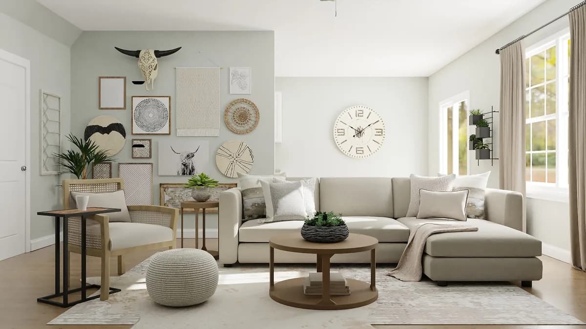 What wood tones go with honey oak trim featuring natural oak baseboards, dark walnut furniture, and warm cream walls