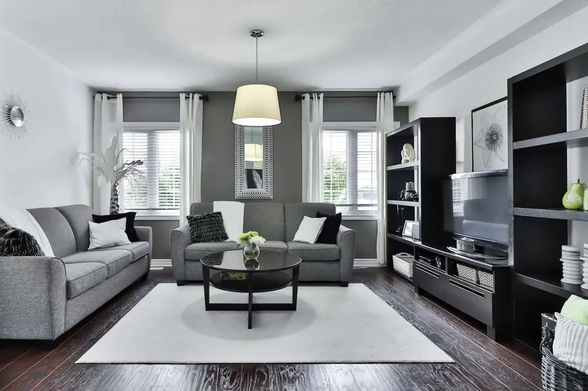 Sunlit modern living room with hardwood floors and a large natural fiber area rug under cozy furniture