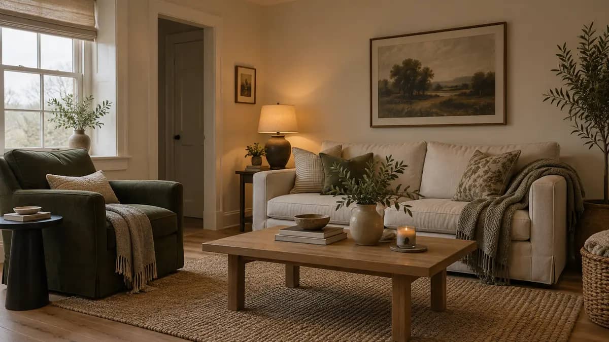 Warm neutral paint colors in a dark living room with an ivory sofa and green armchair