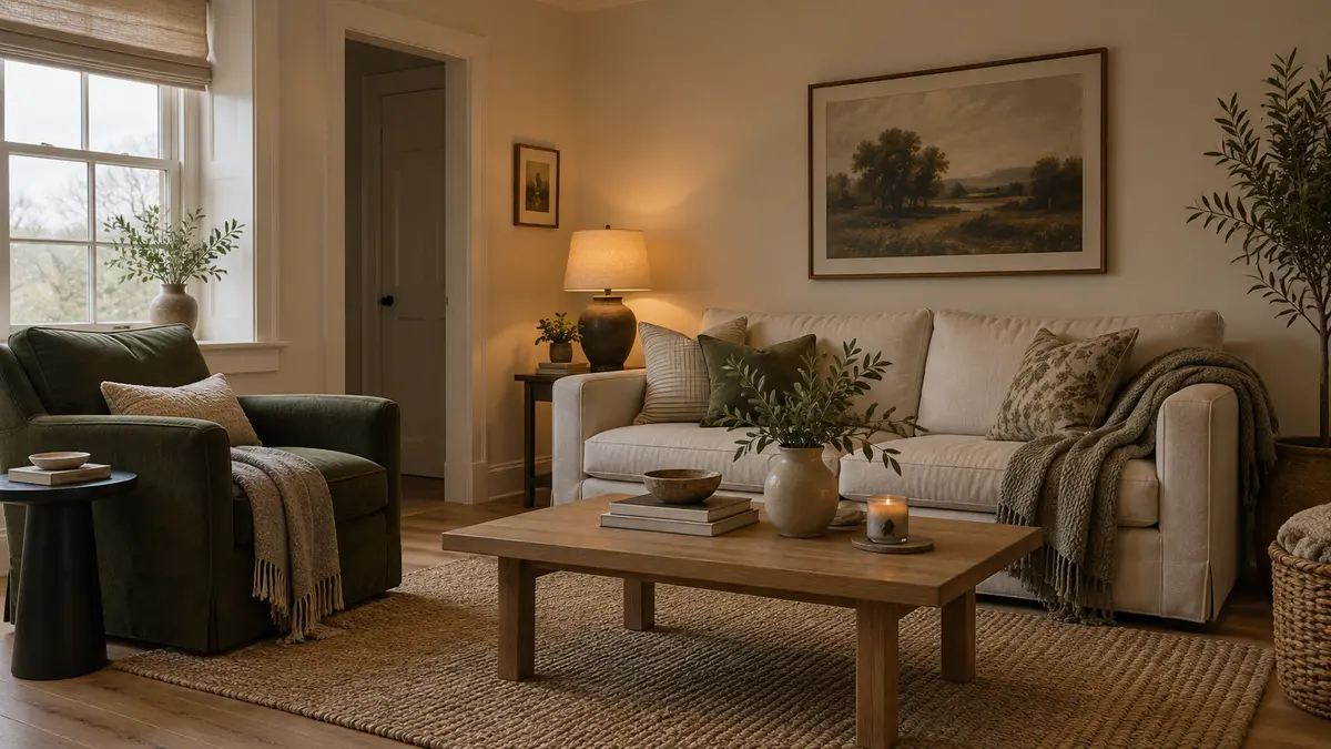 Warm neutral paint colors in a dark living room with an ivory sofa and green armchair