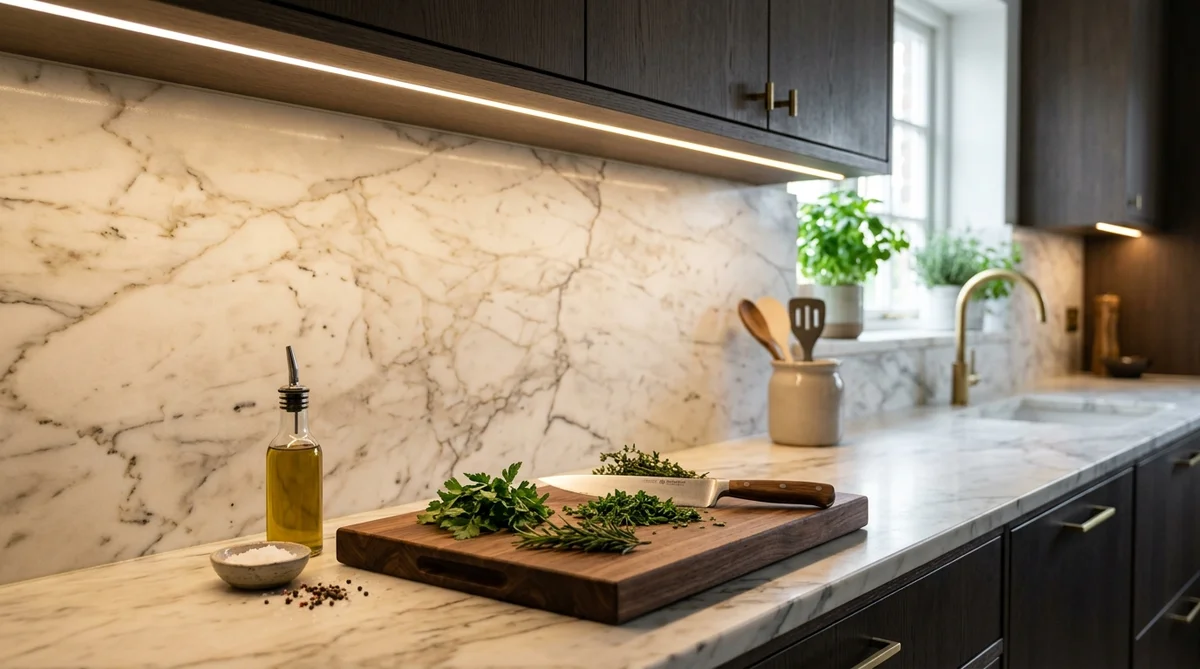Under-cabinet LED strip lighting installed on the front cabinet edge casting warm light on kitchen counter
