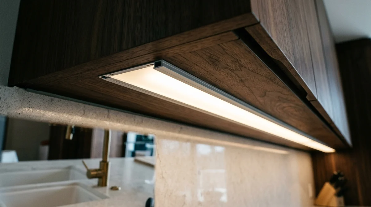 Close-up detail of an aluminum LED extrusion profile with frosted opal diffuser mounted under cabinet