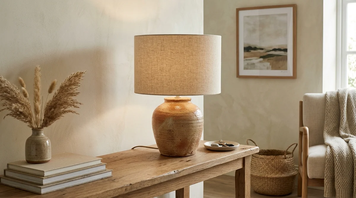 Earthy ceramic table lamp base paired with a perfectly proportioned linen drum shade on a wooden console