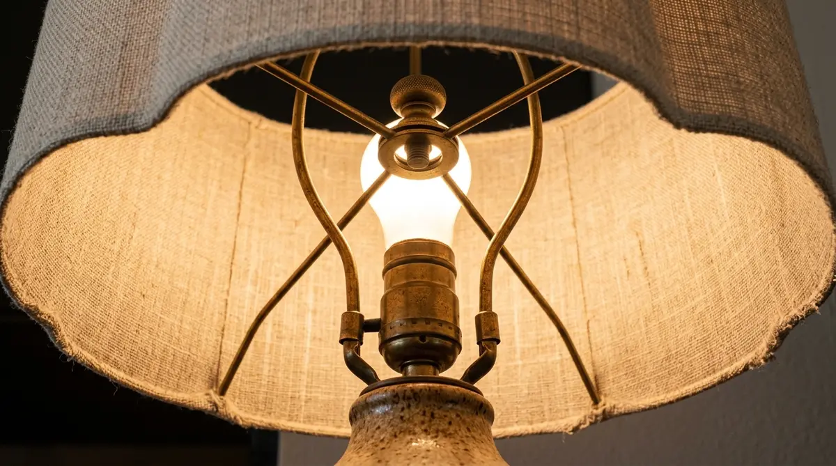 Close-up view underneath lampshade showing brass harp and spider fitter with finial securing shade