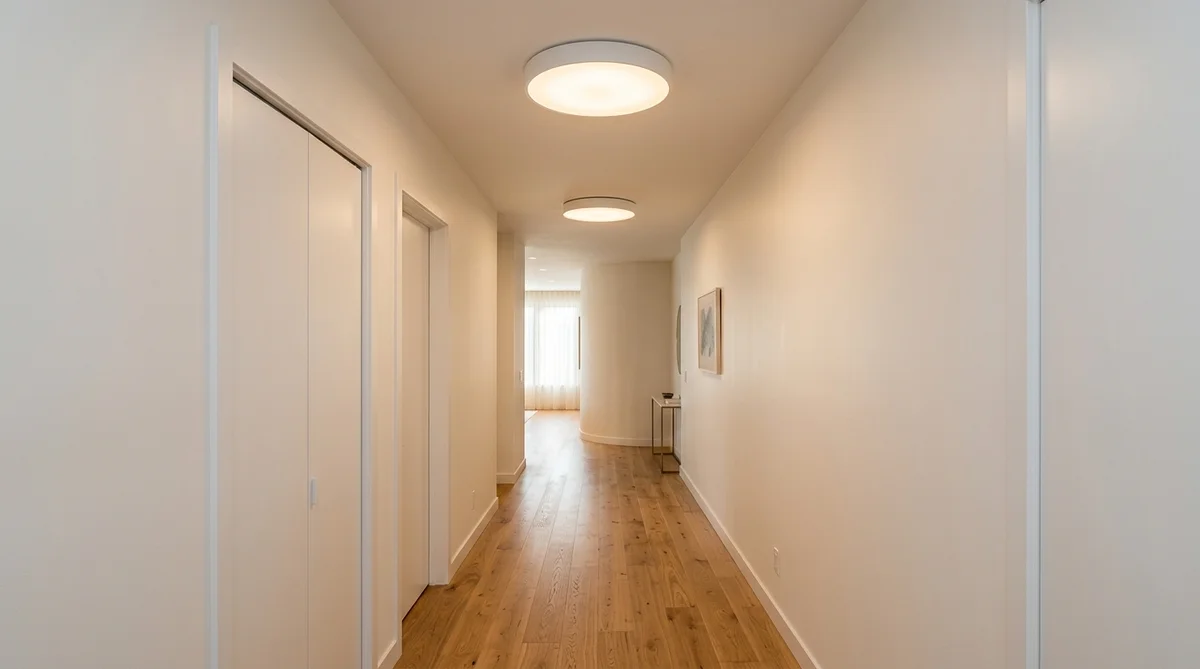 Residential hallway corridor showing two minimalist flush mount ceiling lights spaced eight feet apart