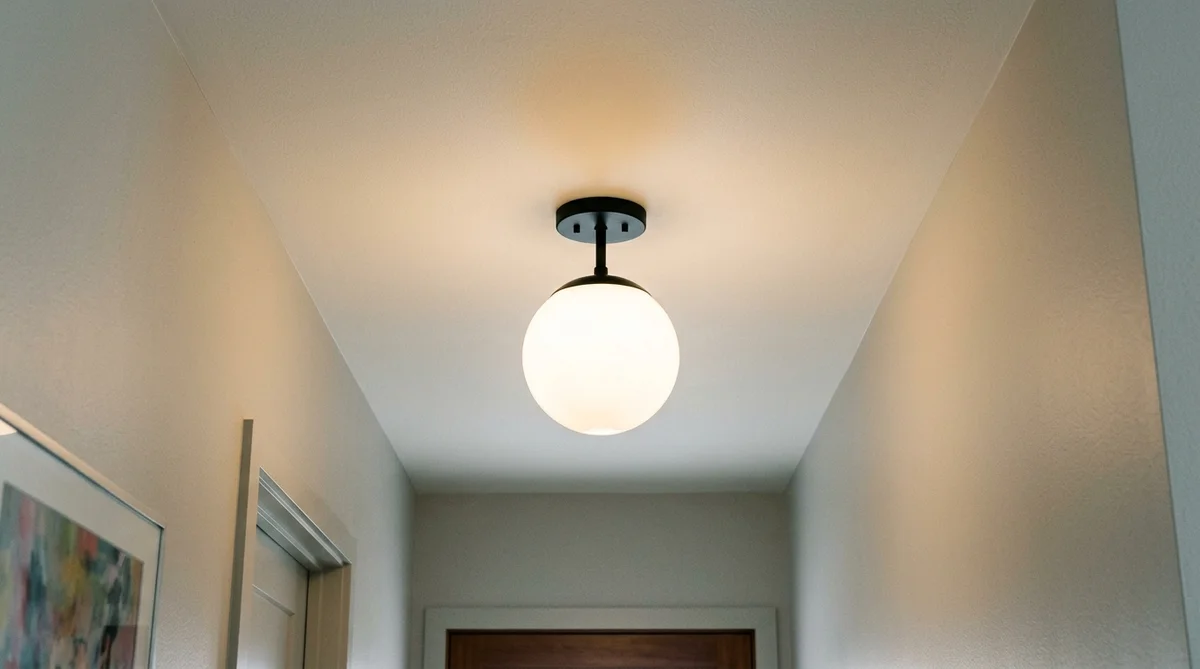 Upward architectural detail of a modern semi-flush ceiling fixture on an eight-foot ceiling
