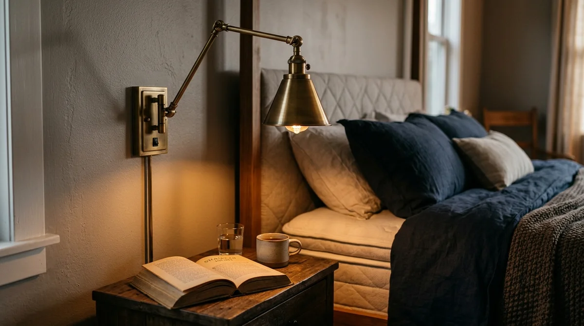 Articulated brass swing-arm reading sconce mounted above a mattress casting light onto an open book