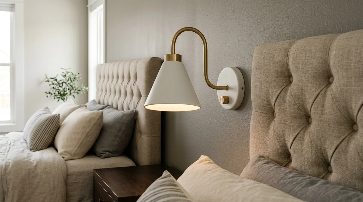Ceramic and brass bedside reading sconce with accessible rotary dimmer knob mounted beside headboard