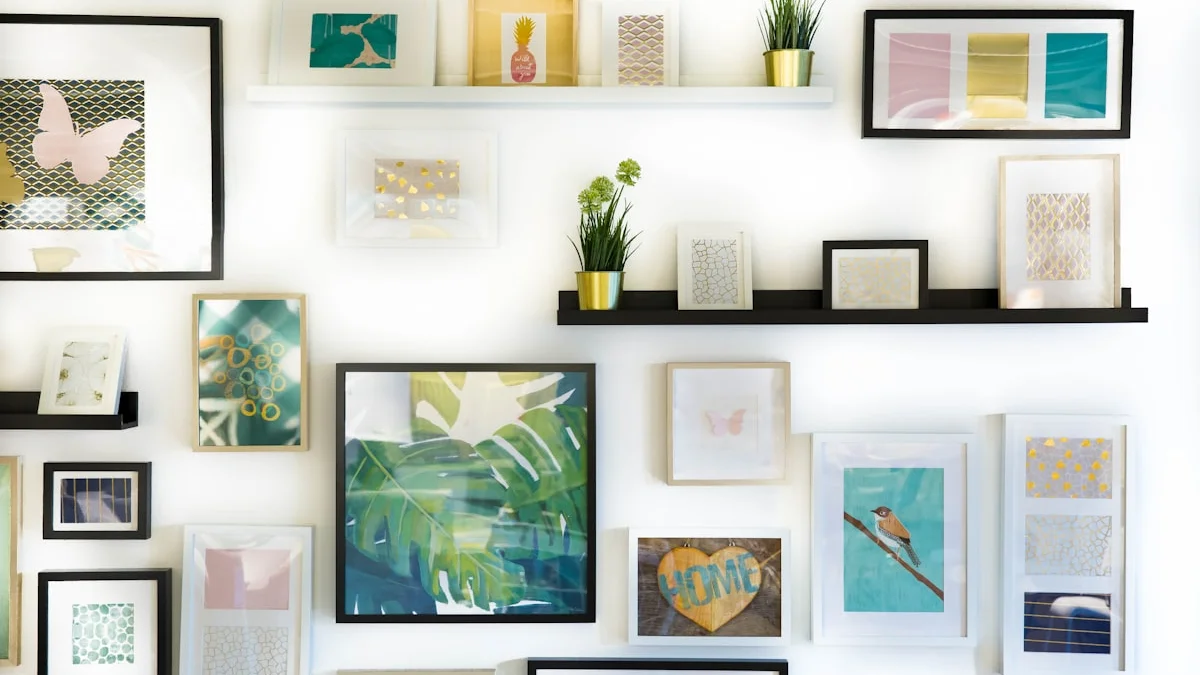 Art picture frames curated along an interior wall display