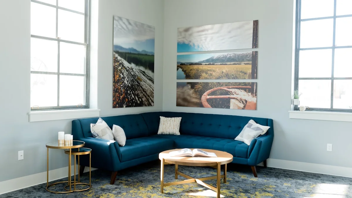 Close-up detail of wall frames styled in clean geometric alignment