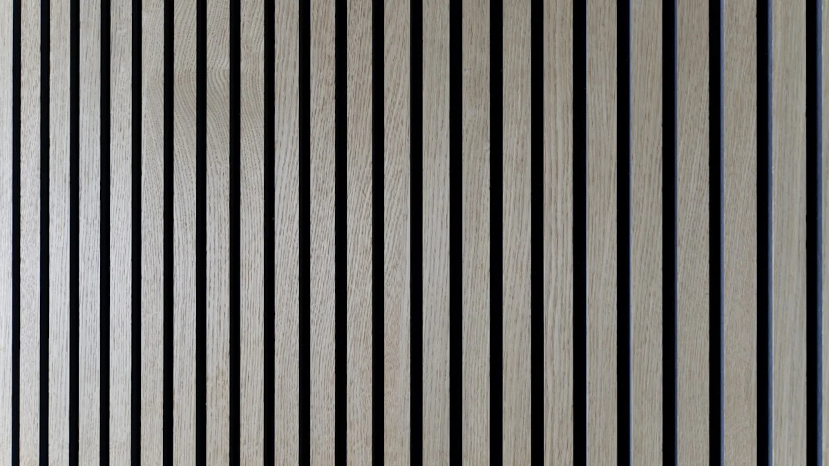 Close-up view of clean vertical wood slats with uniform shadow spacing and black felt backing
