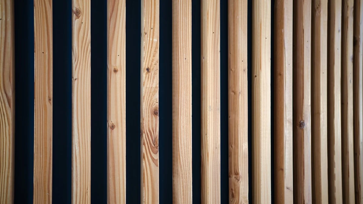 Individual vertical timber slats mounted with shadow gaps against a dark background