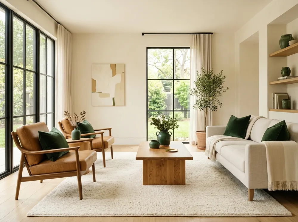 60-30-10 rule living room breakdown showing 60% ivory walls, 30% camel leather chairs, and 10% forest green accent pillows