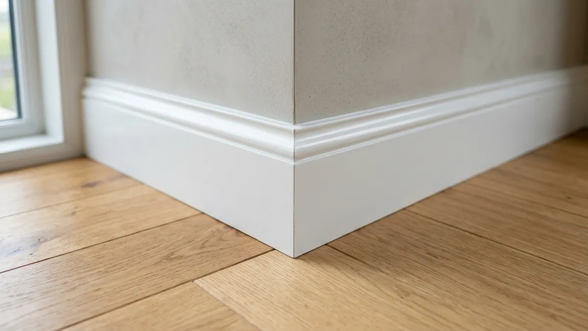 Close-up detail of white semi-gloss baseboard meeting greige wall and oak hardwood flooring