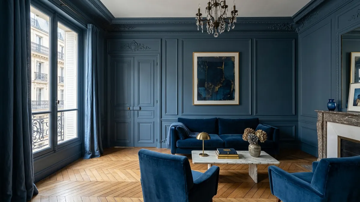 Monochromatic tone-on-tone color drenched living room with matching walls and millwork in deep slate blue