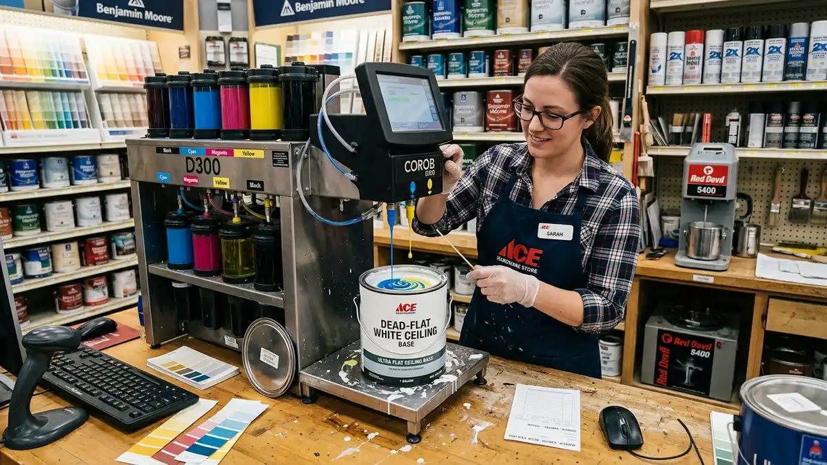 Hardware store paint counter technician dispensing half-strength color formula into dead-flat ceiling base