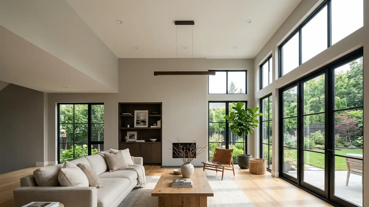 Spacious sunlit living room with a smooth lap-free dead-flat ceiling rolled toward large natural light windows