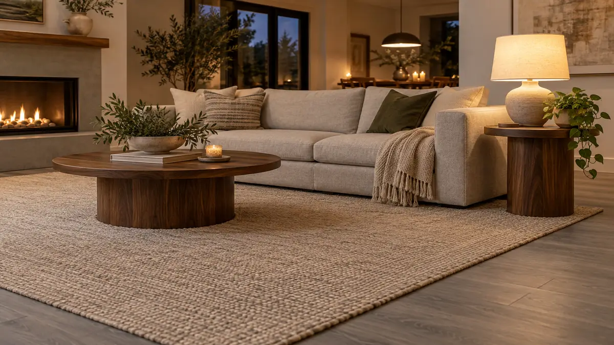 Grey luxury vinyl flooring warmed by an oatmeal rug, walnut table, linen sofa, and warm table lamp