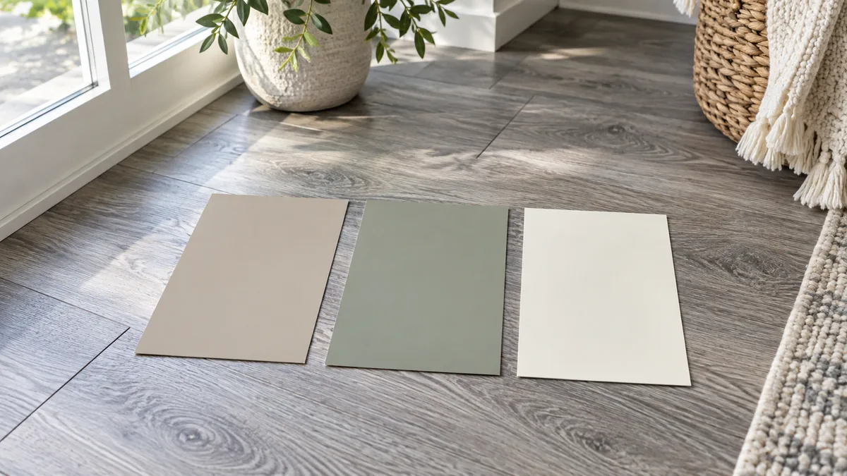 Warm greige, muted sage, and creamy white paint swatches on grey luxury vinyl plank flooring