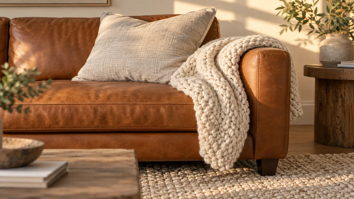 Caramel leather sofa arm with linen cushion, chunky wool throw, and textured wool rug