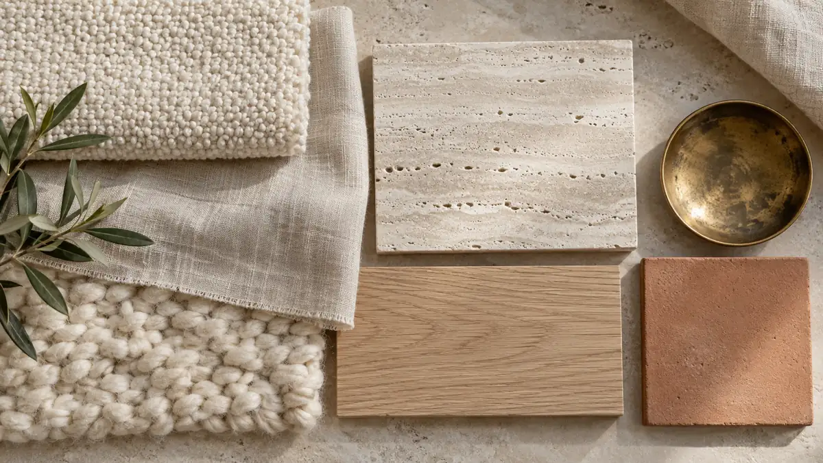 Boucle, linen, wool, travertine, oak, terracotta, and brass interior material samples