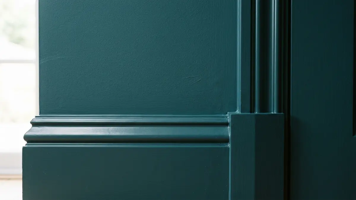Architectural macro detail of matte dark teal wall meeting matching satin baseboard and door frame