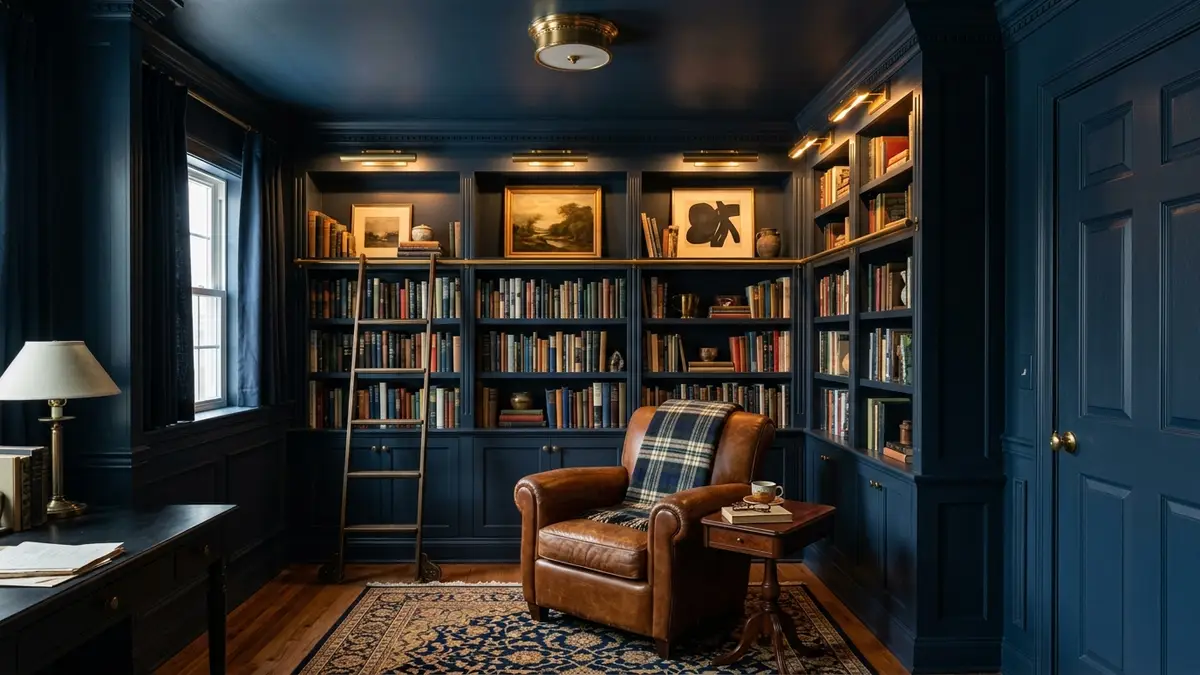 Moody navy blue color drenched home library with built-in bookshelves illuminated by warm brass picture lights