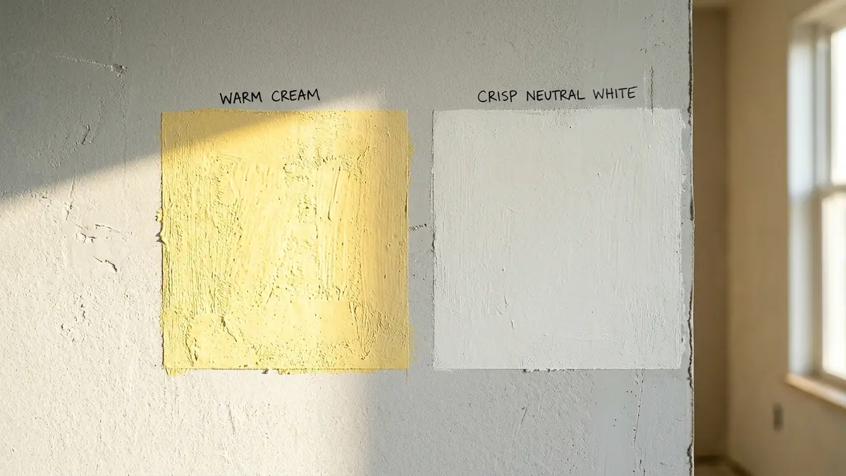 Paint test squares on drywall comparing warm cream turning yellow versus crisp neutral white under southern sun